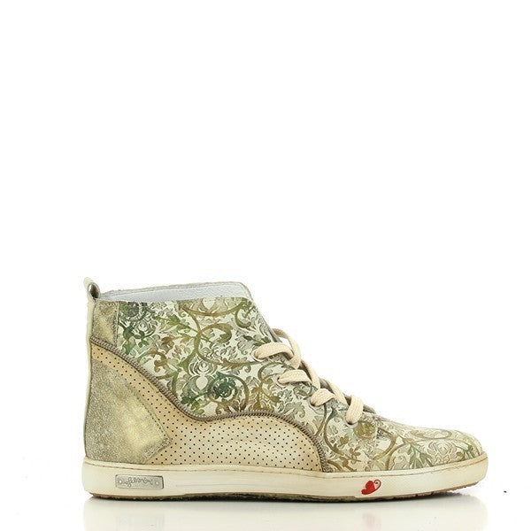 A profile shot of the Felmini B038 Forest Beige Sneakers, showcasing the sleek leather upper in a soft beige tone. The design features earthy green forest-inspired details that add a unique and nature-infused element to the sneaker.