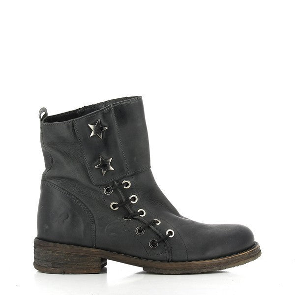 The Felmini B388 Charcoal Lace-Up Ankle Boots showcase a sleek leather upper with decorative lace details along the side, featuring two star accents for a modern, edgy look.
