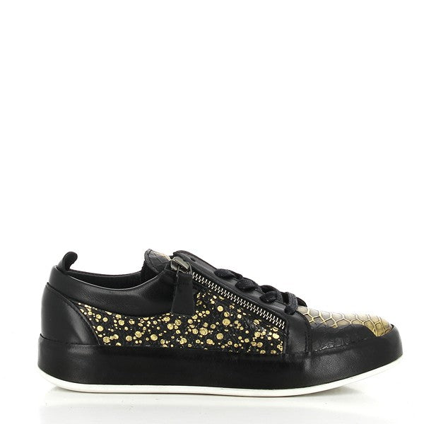 A clear shot of the Felmini C057 Black Lace-Up Boots showcasing the premium black leather upper with subtle gold dots and a touch of snake print detail. The side zipper runs smoothly along the boot, adding both style and functionality.