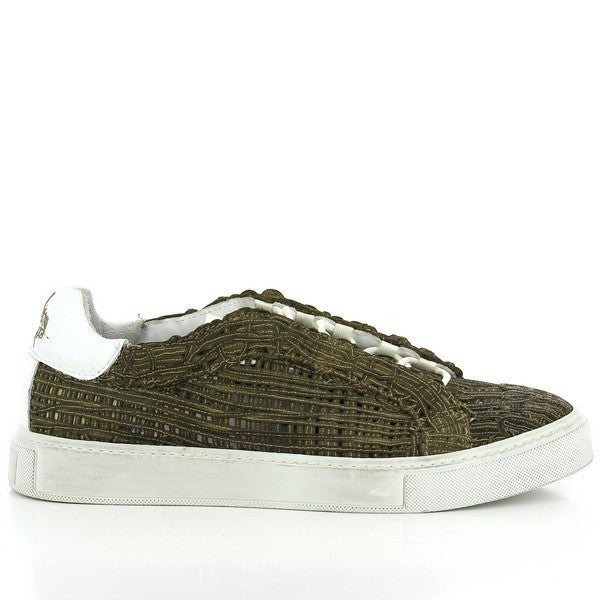 A close-up of the Forte S17-3340 Khaki Sneakers showcasing its smooth leather upper in a muted khaki color. The round toe shape is clearly visible, offering a clean and sleek design, while the synthetic sole complements the overall craftsmanship.