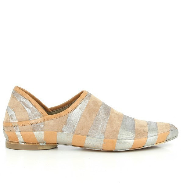 A detailed side profile of the shoe showcasing the apricot orange striped leather upper, contrasted by sleek silver accents. The pointed toe and subtle 1cm heel platform are clearly visible, highlighting the elegant silhouette.