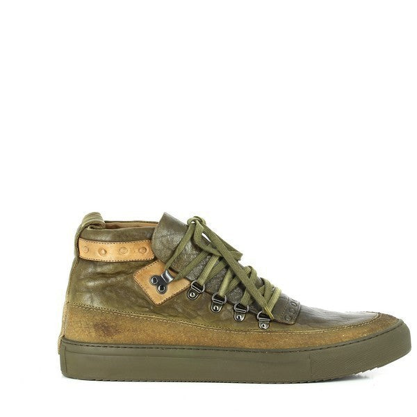 A clean, straight-on view of the Forte W172122 Military Green High-Top Sneakers showcasing the premium leather upper in military green, with a smooth, sleek silhouette.