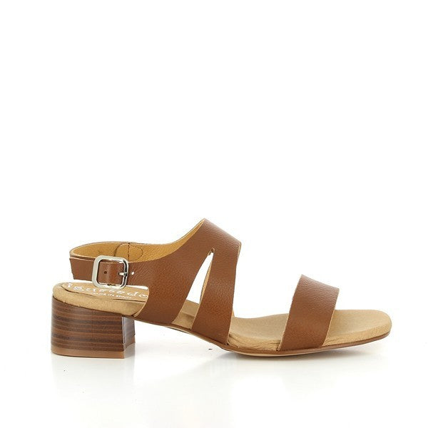 A sleek brown slingback sandal with a smooth leather upper, square toe, and a sturdy 4cm heel. The ankle strap features a delicate buckle.