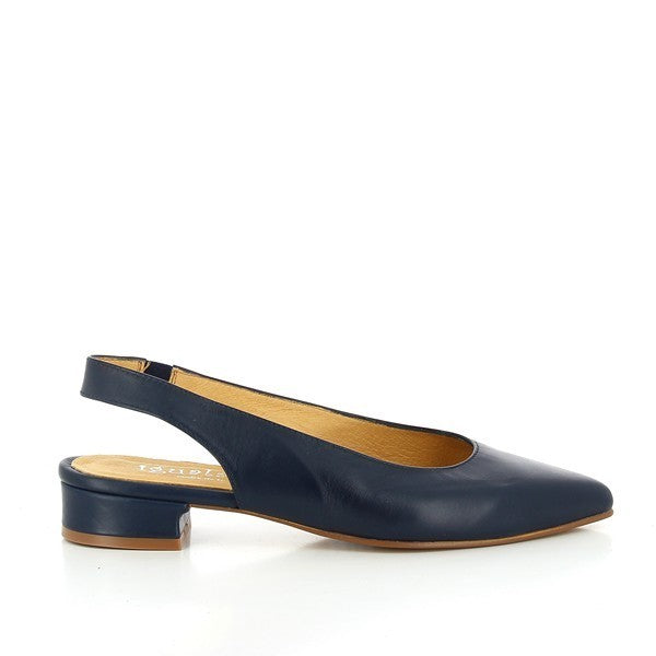 A sleek navy pump with a pointed toe and a refined slingback strap, showcasing its elegant silhouette and premium leather finish.