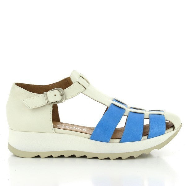 A close-up of the Igualados 2220 White & Blue Cage Sandals, showcasing the elegant leather cage design, round toe, and sturdy 3cm heel-platform.

