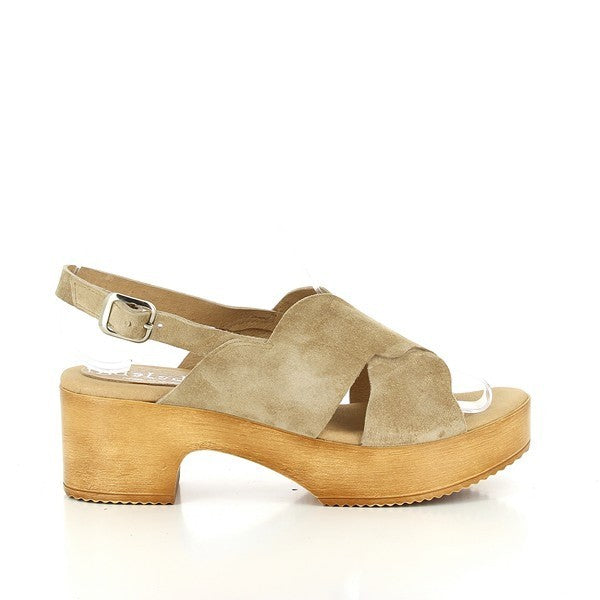A clean side profile of the sandal showing the cross-strapped design, with the rounded toe and 5cm heel offering a chic silhouette.