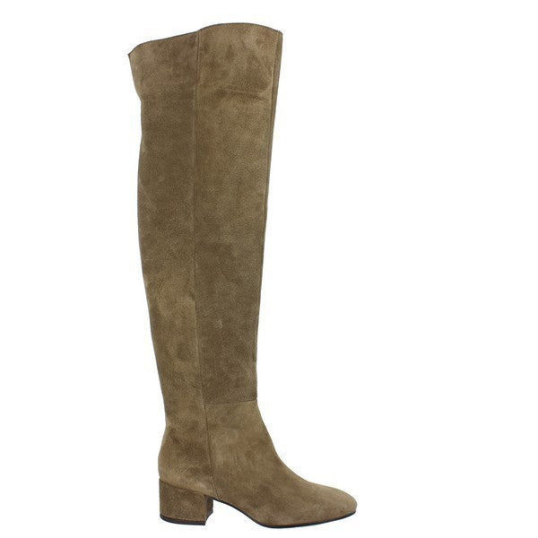 The photo showcases the sleek side view of the Taupe Long Boots, highlighting the smooth leather finish and subtle curvature of the design. The round toe shape is clearly visible, with the 4.5cm heel adding an elegant yet practical height.