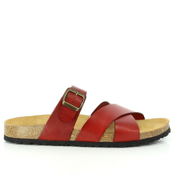A close-up image showcasing the plush bios contoured lining of Plakton's 100021 Red Multi Strap Sandals. Crafted for comfort, the soft leather interior ensures a cozy fit for all-day wear.