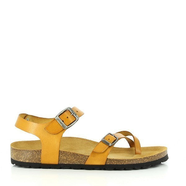 A captivating close-up showcasing Plakton's 101016 Mustard Slingback Sandals. The mustard-colored leather upper exudes warmth and sophistication, complemented by the sleek round toe shape. With a sturdy synthetic sole and a 2.5cm heel-platform height, these sandals offer both stability and style. Made in Spain with eco-friendly materials, these sandals epitomize timeless elegance and ethical fashion.