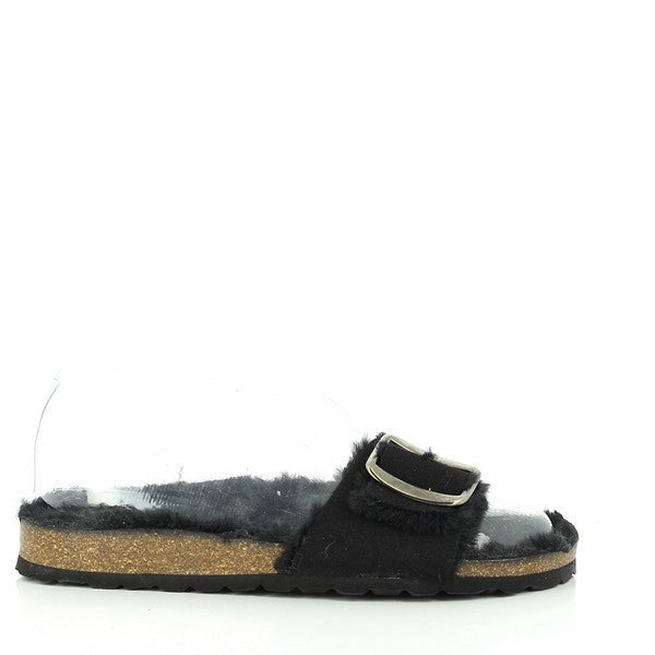 A close-up view of the plush fur lining on the internal side of Plakton's 101018 Black Slide exudes comfort and luxury. Crafted with meticulous attention to detail in Spain, these slides promise to cocoon your feet in warmth and style.