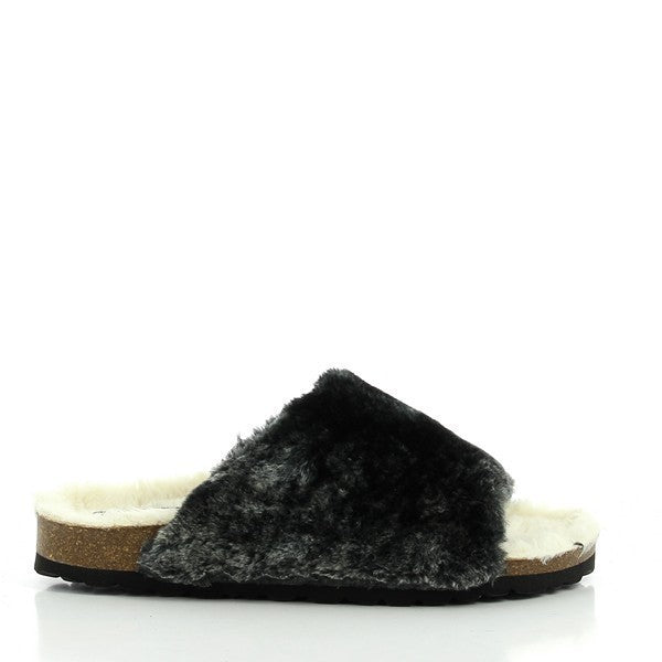 The image features Plakton's 103036 Black Fur Slide, a luxurious blend of comfort and style. Handcrafted in Spain, these slides showcase a synthetic upper with plush black fur detailing, exuding sophistication. The leather lining ensures breathability and softness, while the 2.5cm platform heel adds a touch of elevation. Step into luxury with Plakton's Sandals and elevate your look effortlessly.