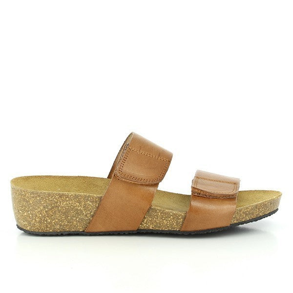 A detailed side view showcasing Plakton's 243001 Tan Low Heel Wedges, highlighting the smooth tan leather upper, adjustable buckle, and the modest heel platform ranging from 1.5cm to 4cm. This angle emphasizes the sandals' elegant design and comfortable height.