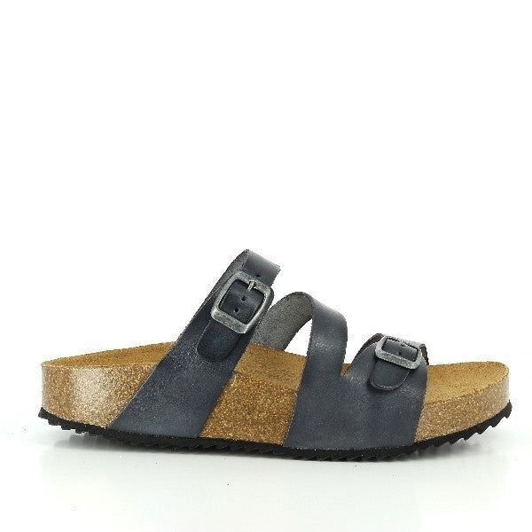 The side view of Plakton's 341210 Navy Multi-Strap Sandals showcases the sleek leather straps and the 2.5cm cork heel-platform, emphasizing the sandal's stylish and supportive design.