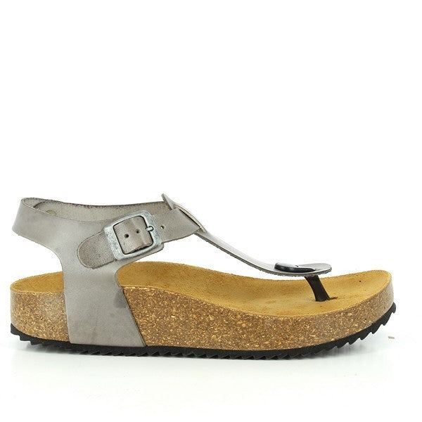 Capture the sleek profile of Plakton's 341676 Grey Slingback Sandals, highlighting the premium leather upper and cork sole, perfect for versatile summer styling.