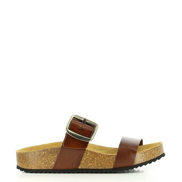 A detailed side view of the Plakton 343004 Brown Double-Strap Sandals, showcasing the premium leather upper and the 2.5cm cork heel-platform.