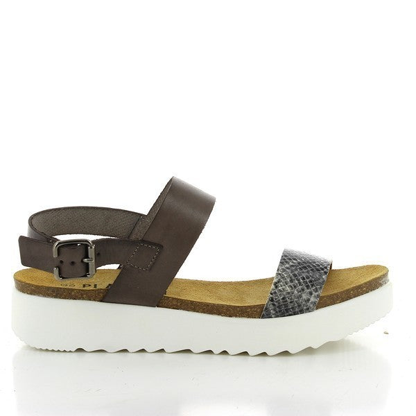 Showcase the elegance of Plakton's dark grey sandal with a sophisticated snake print. Handcrafted in Spain from premium leather, featuring a 4cm heel-platform height and cork insole for comfort.