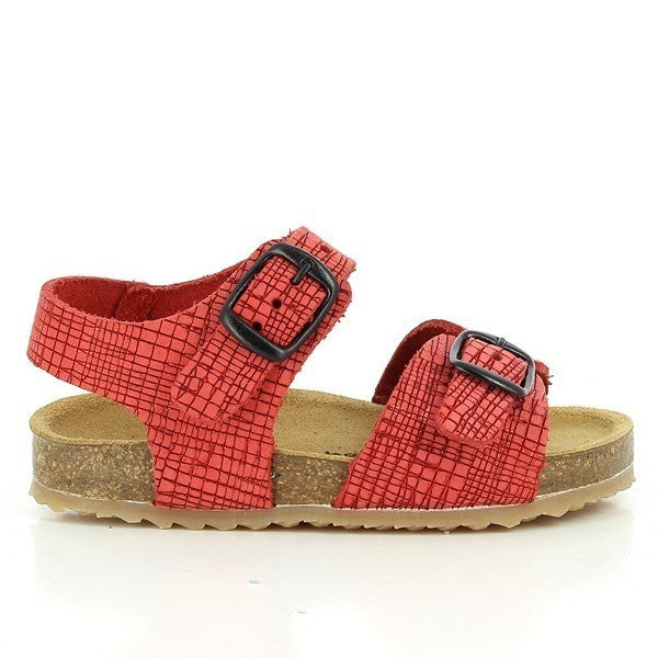 Side view of Plakton's 855065 Red Slingback Kids Sandals showcasing the vibrant red leather upper, adjustable black buckle strap, and 1.5 cm cork platform for a stylish and secure fit.